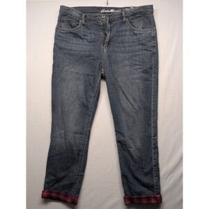 Eddie‎ Bauer Women's Size 14 Boyfriend Fit Flannel Lined Jeans Blue Denim Plaid